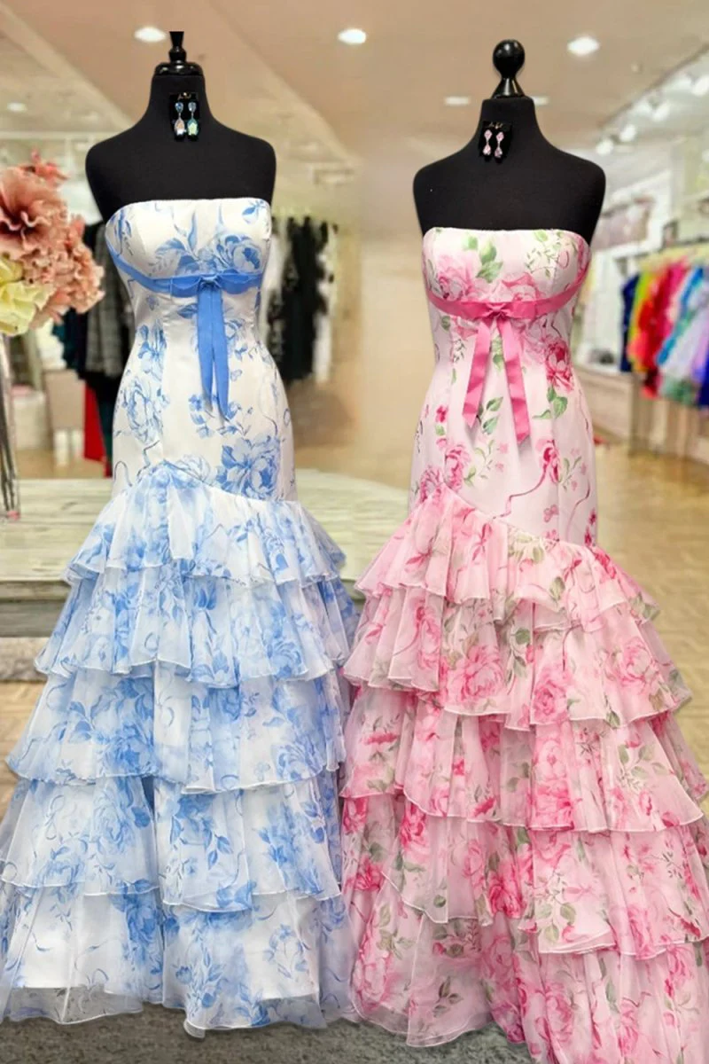 Blue Sheath Strapless Chiffon Ruffled Prom Dresses With Bow