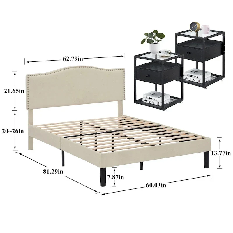 VECELO, Five Colors, 3-Pieces Upholstered Platform Bed Frame with Adjustable Headboard and Nightstands Set of 2
