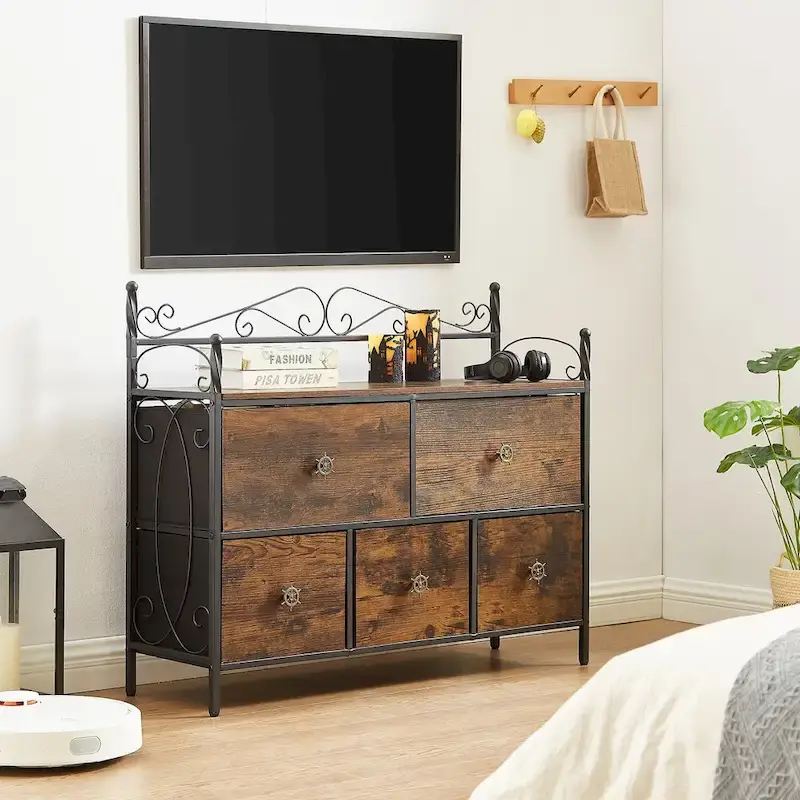 4-Pieces Bedroom Set with Drawer and Nightstands Set of 2, 5-Drawer Dresser, Brown/Grey Set