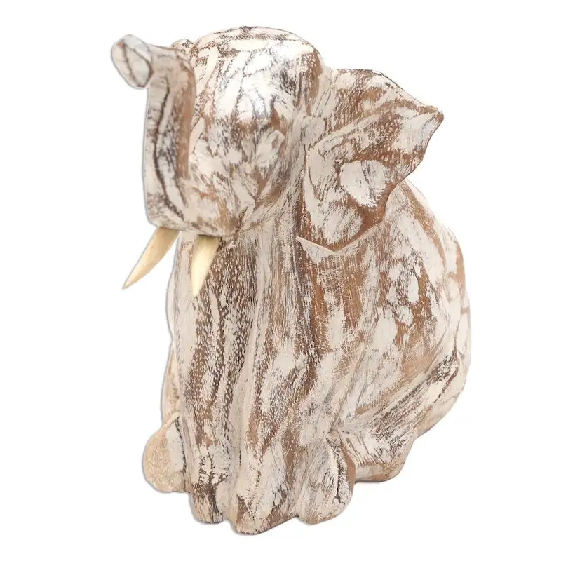 Novica Handmade Rustic Sitting Elephant Wood Sculpture