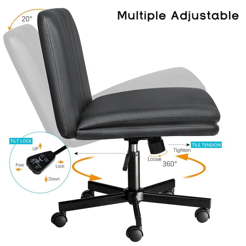 Cross Chair with Wheels,PU Leather Armless Cross Legged Office chair, Adjustable Wide Seat Task Vanity Chair
