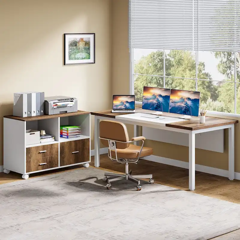 L-shaped Executive Computer Desk and lateral File Cabinet,63-inch Home Office Desk , ,Credenza Desk Set