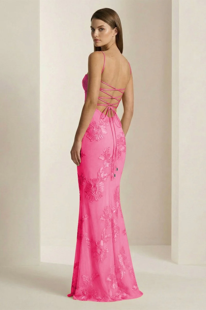 Yellow Spaghetti Straps Sheath Long Prom Dresses With Floral Embroidery