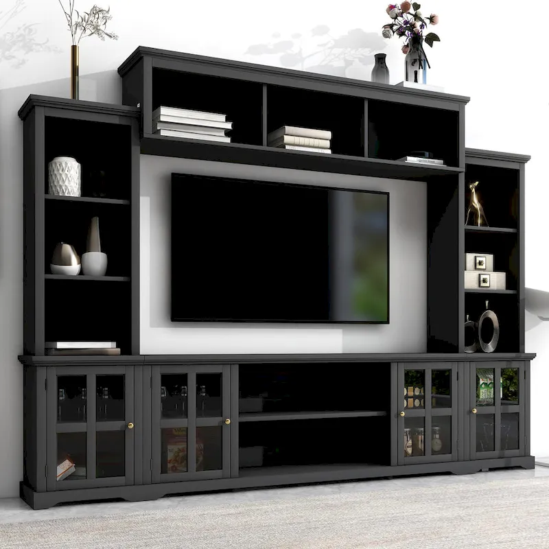 Black Entertainment Wall Unit with Bridge, Glass Doors & 9 Shelves, Fits up to 70 Inch TV, 3-Person Assembly