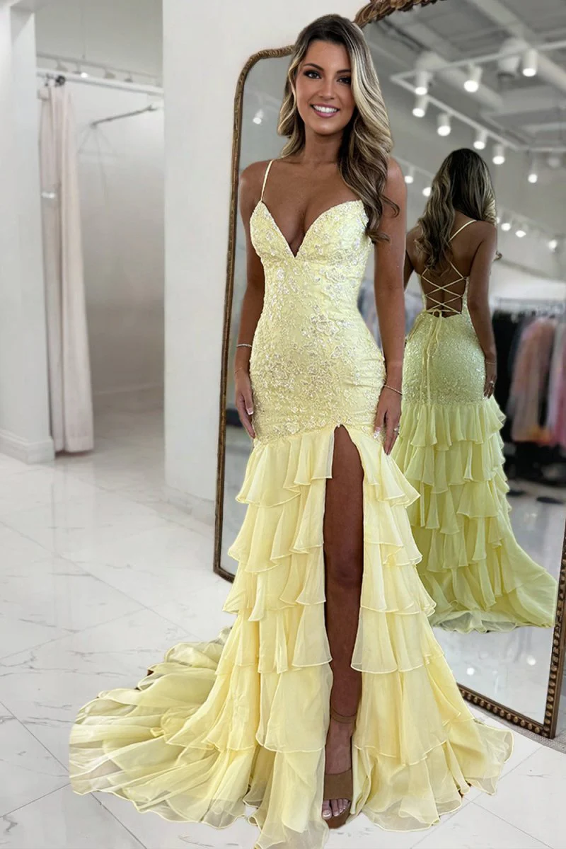 Yellow - Spaghetti Straps Mermaid Lace Appliqued Prom Dresses With Ruffles