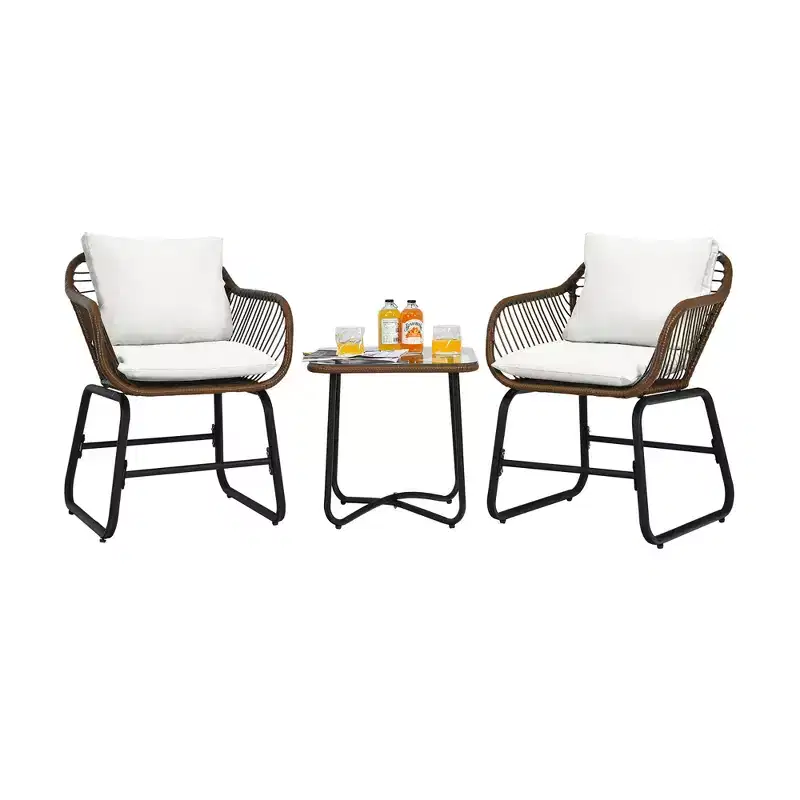 Costway 3PCS Patio Rattan Bistro Set Cushioned Chair Glass Table Deck White\Turquoise