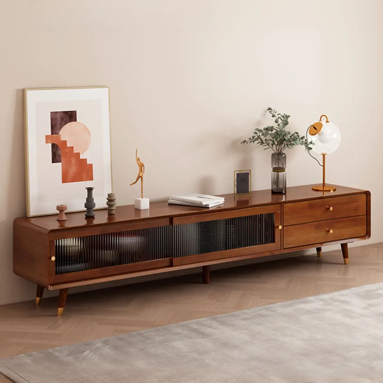 Long Brown 2-Drawer Pine Modern TV Stand with Cabinet