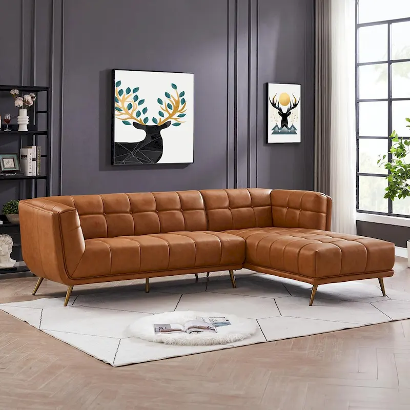 Cognac Tan Chesterfield Genuine Leather Sectional Sofa - Mid-Century Modern