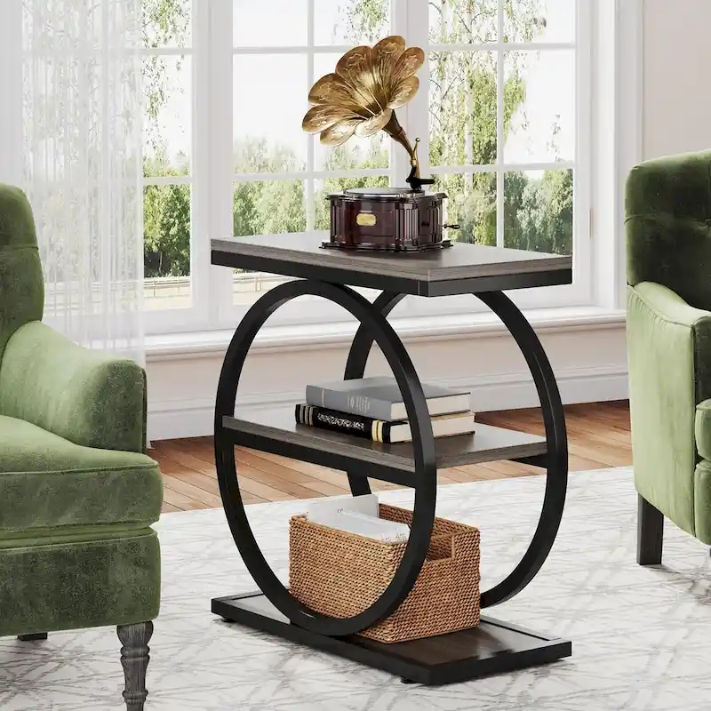 Industrial 3-Shelf Narrow End Table – Brown / Grey / Oak / Yellow