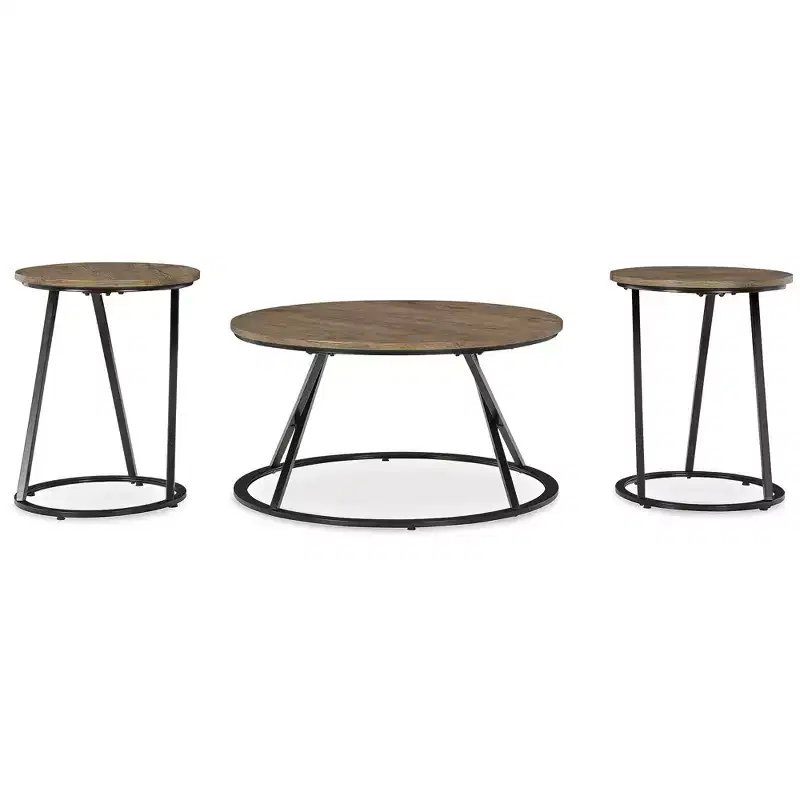 Signature Design by Ashley Cassbryn Occasional Table Set, Coffee Table and 2 End Tables, Brown Wood-Look Top with Black Metal Frame