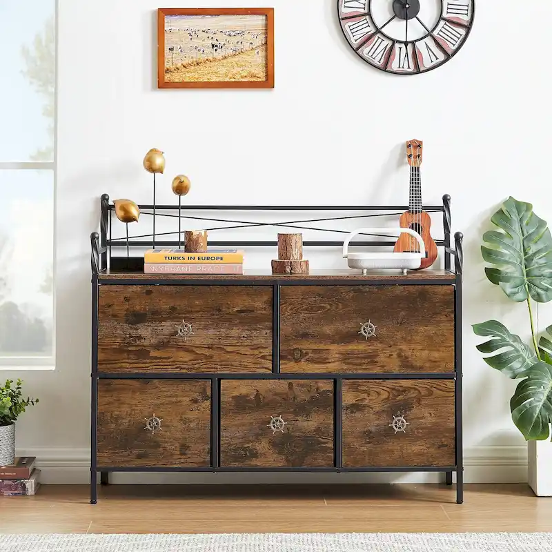 Brown/Grey 5-Drawer Wooden Dresser, Single