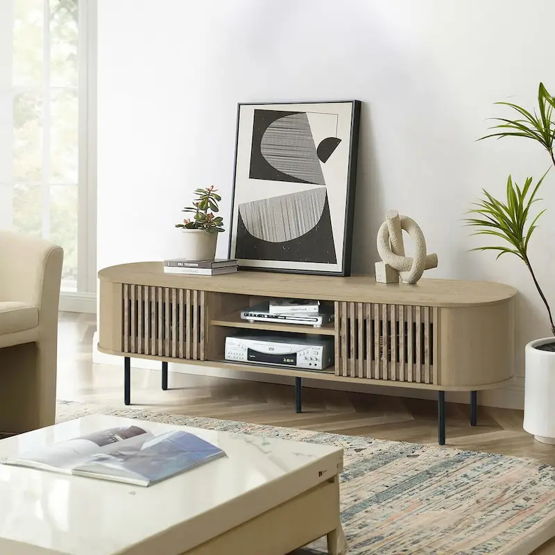 Natural / Walnut 2-Shelf TV Console with Sliding Tambor Doors & Black Metal Legs – 71 Inch
