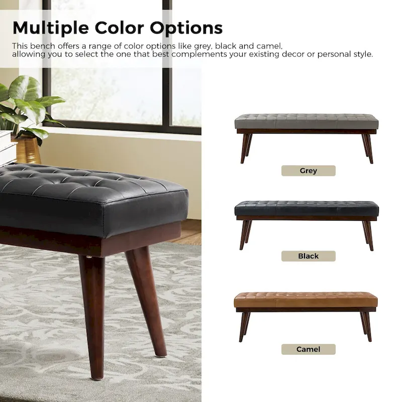 Genuine Leather Tufted Bench with Solid Wood Base