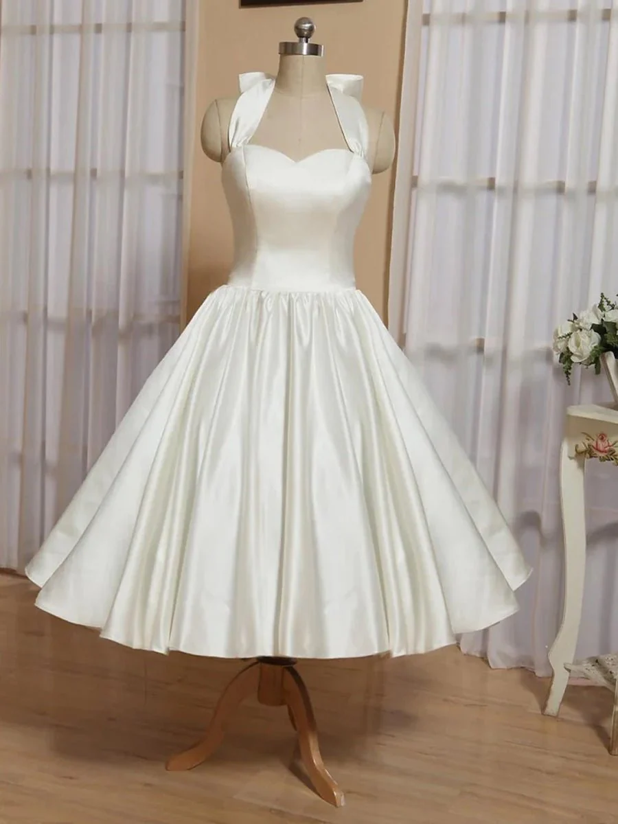 White A-Line Halter Sleeveless Tea Length Satin Bridal Gowns With Bow(s) Pleats