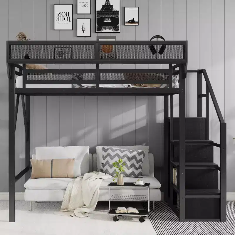 Full Size Black Metal Loft Bed with Stairs Storage Shelves and High Loft Bed with Wardrobe for Kids Teens
