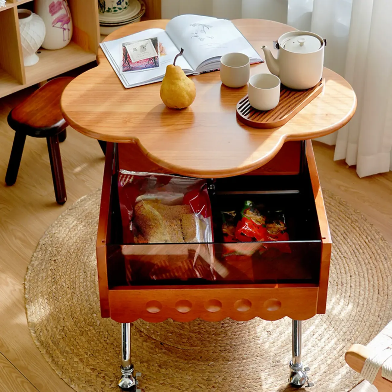 Adjustable Walnut Wood Flower Shaped Coffee Table with Wheels