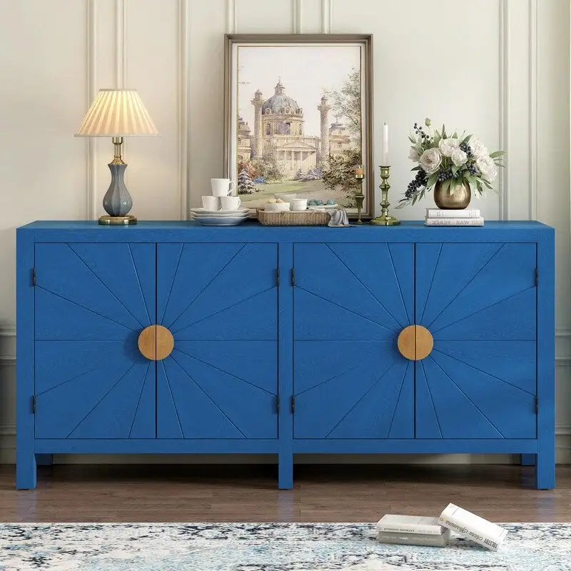 Navy Blue / Black 4-Door Sideboard with Radiating Line Pattern, Ash Veneer