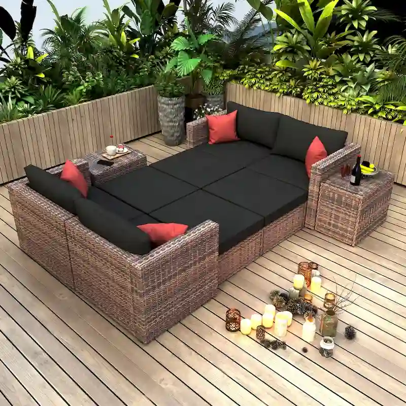 10 Pieces Wicker Sectional Conversation Sofa Set with Black Cushions and Red Pillows