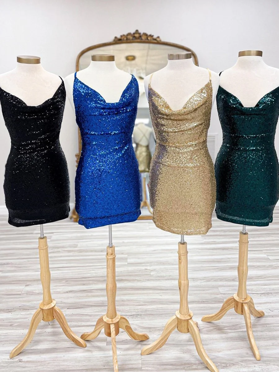 Gold - Spaghetti Straps Sequins Sheath Short Homecoming Dress