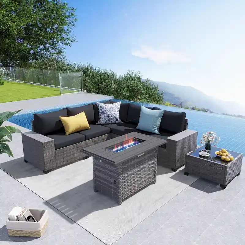7-Piece 5 Person Patio Free Combination Wicker Conversation Set With Waterproof Cushions and Firepit Table