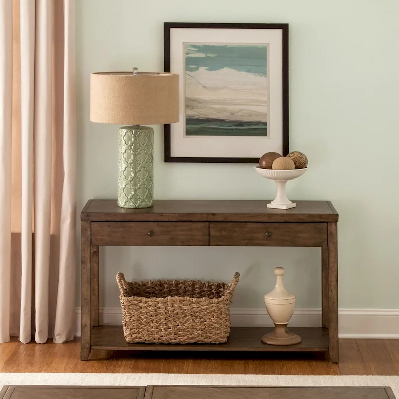 Nutmeg Brown Poplar and Cedar Sofa Table with 2 Drawers and Bottom Shelf – 46 in