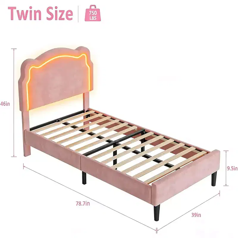 Twin Upholstered Smart Bed Frame with Headboard, Velvet Princess Platform Bed Frame for Kids, Wooden Slats Support, No Box Spring Needed