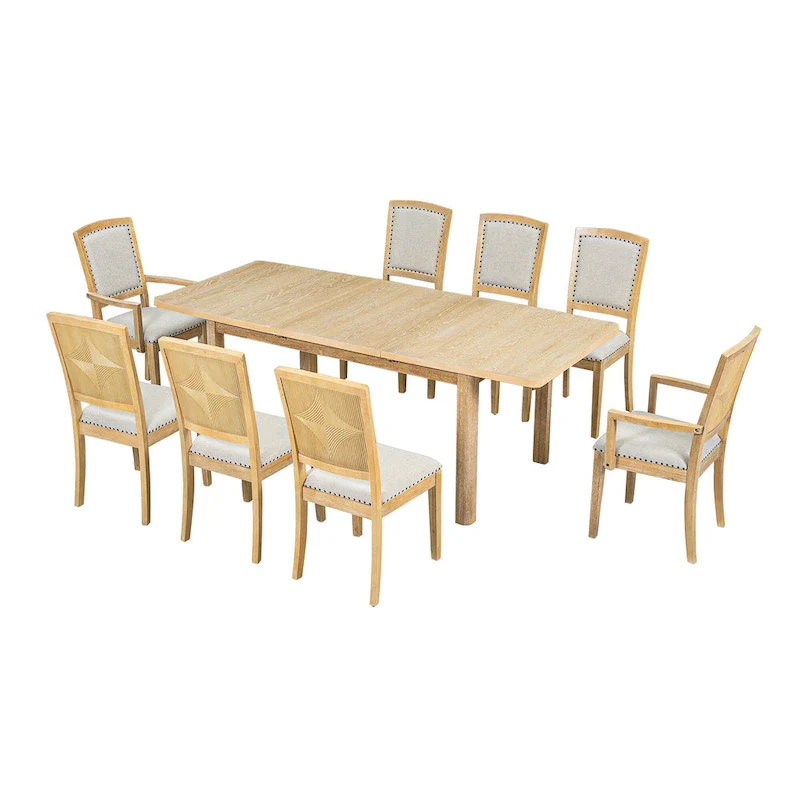 Brown Extendable Dining Table with 8 Upholstered Chairs