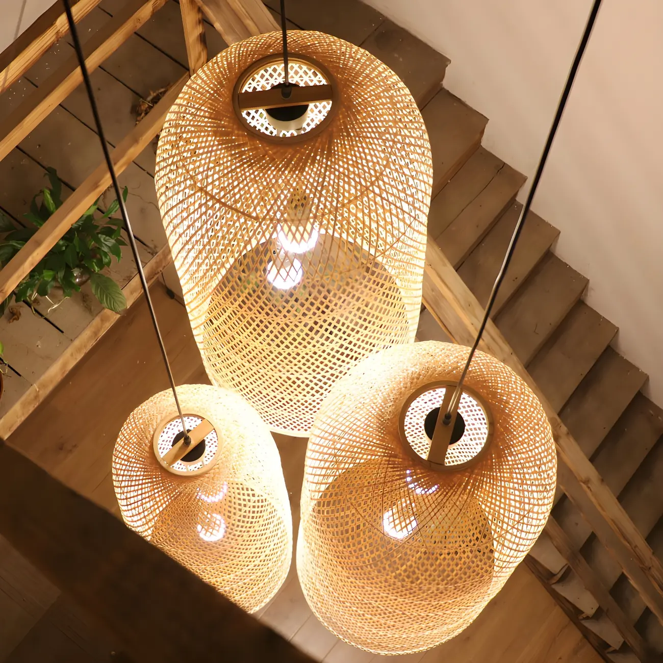 Oriental Cylinder Woven Rattan Pendant Chandelier for Staircase