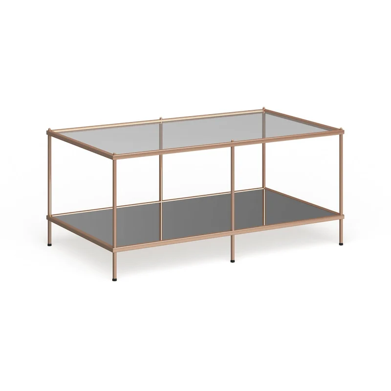Rectangular Coffee Table - Gold, Glass Top with Mirrored Shelf, Multi-User