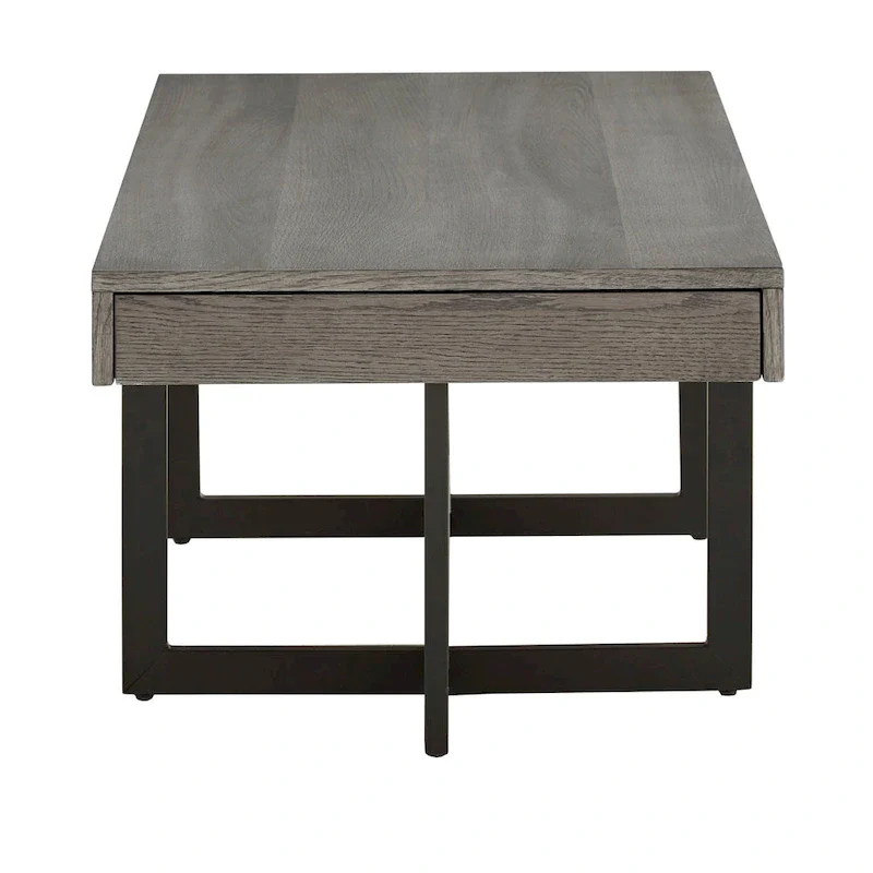 Wood Finish Coffee Table with Two Drawers - Black Metal Frame