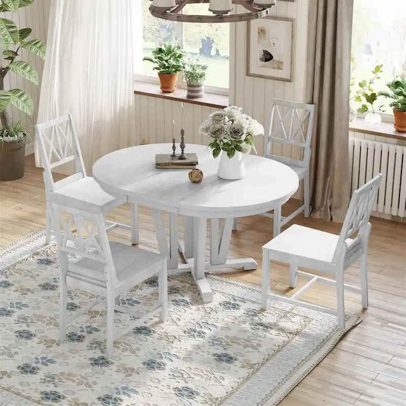Extendable Dining Table Set Round Trestle Table and 4 Dining Chairs