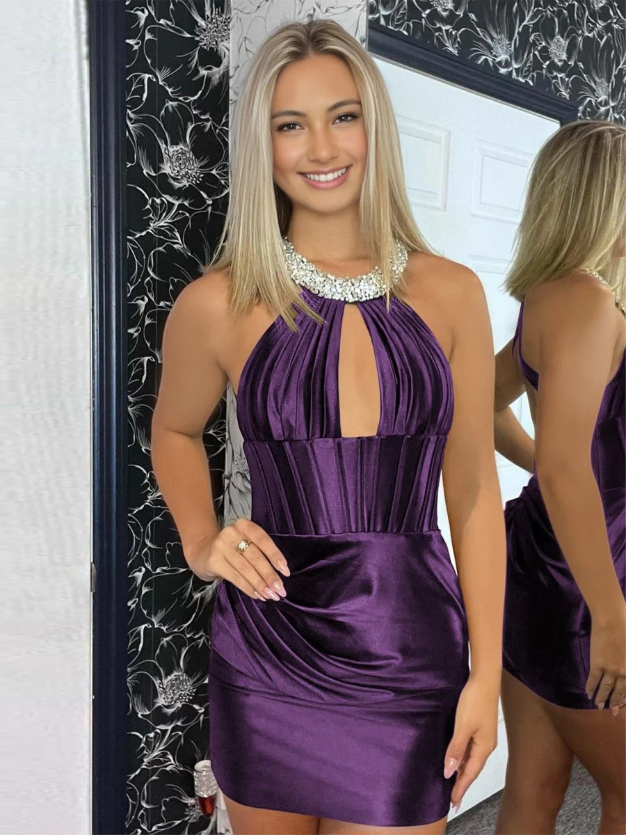 Purple - Halter Beaded Satin Homecoming Dress With Keyhole