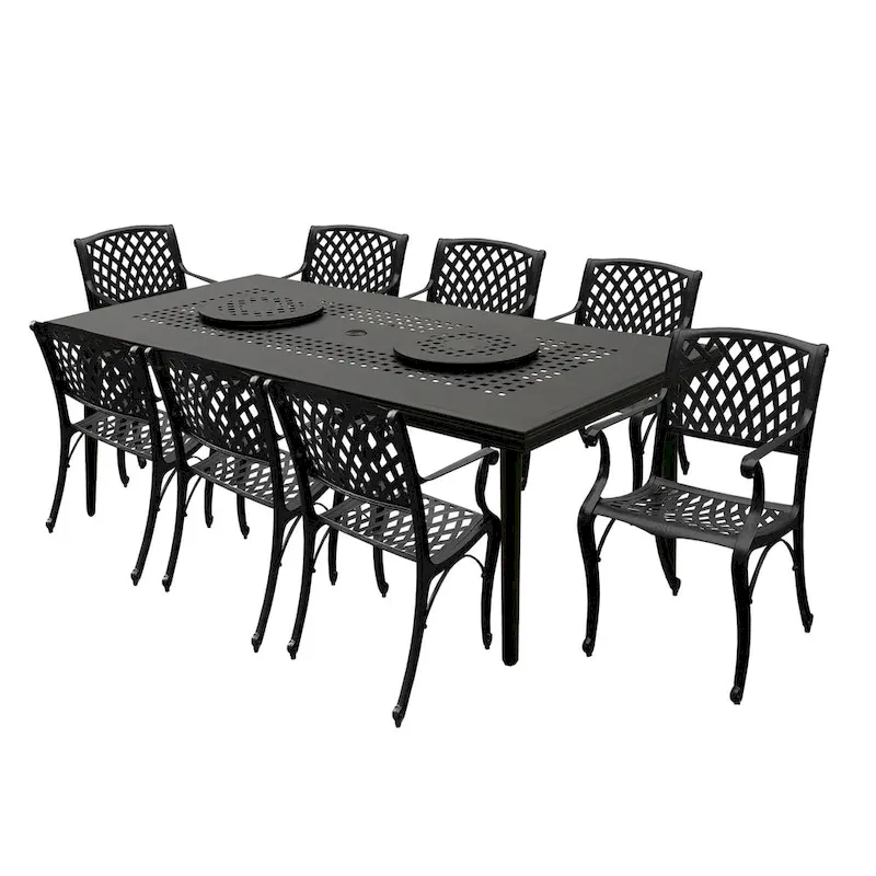 Modern Ornate Outdoor Mesh Aluminum 84-in Large Rectangular Patio Dining Set with Two Lazy Susans and Eight Chairs - N/A