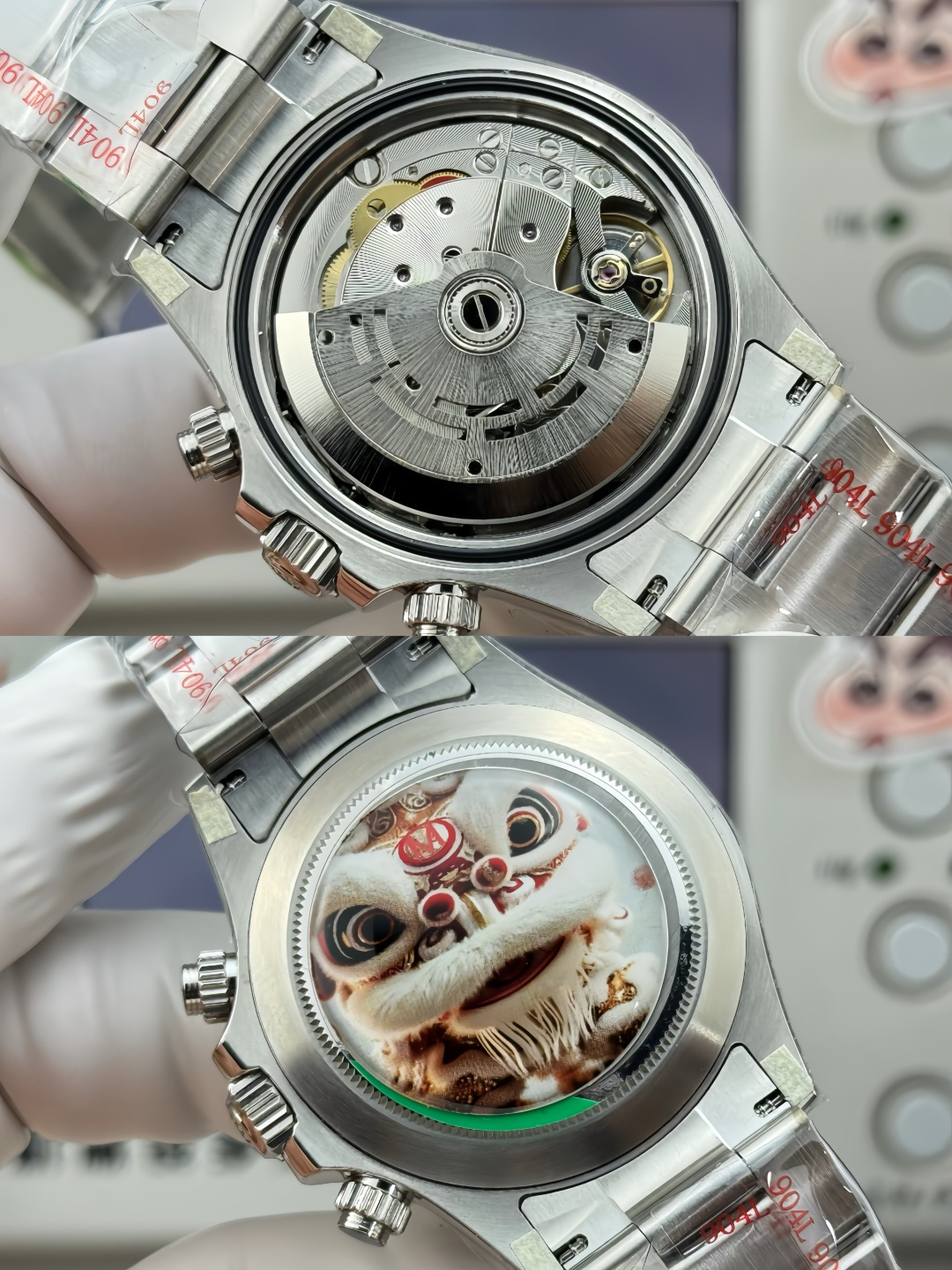 Open caseback view of a Daytona replica showing automatic chronograph clone movement