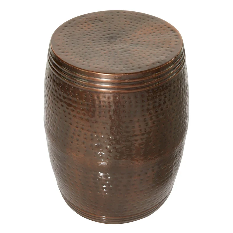 Metal Handmade Drum Shaped Accent Table with Hammered Design - Brown, Silver, Copper, Gold