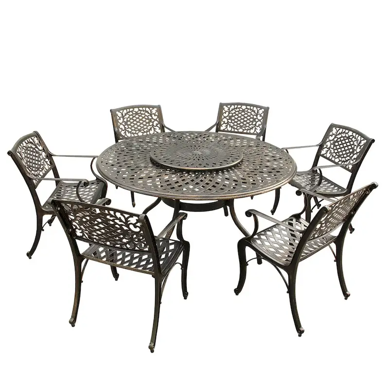 Outdoor Lattice 59-in. Round Dining Set with Lazy Susan and Six Chairs