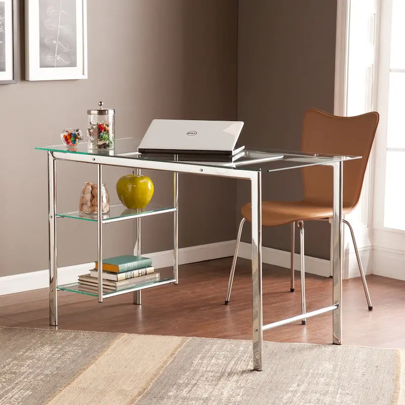 Chrome and Glass Desk with 2 Shelves - Modern Home Office