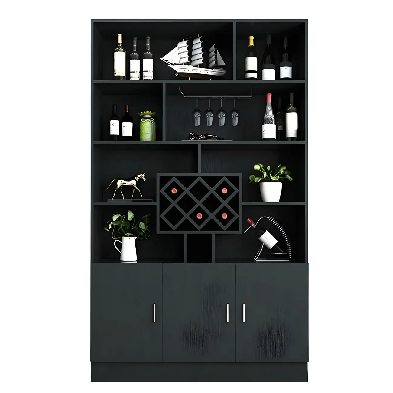 Black Modern Large Wooden Open Stackable Wine Cabinet