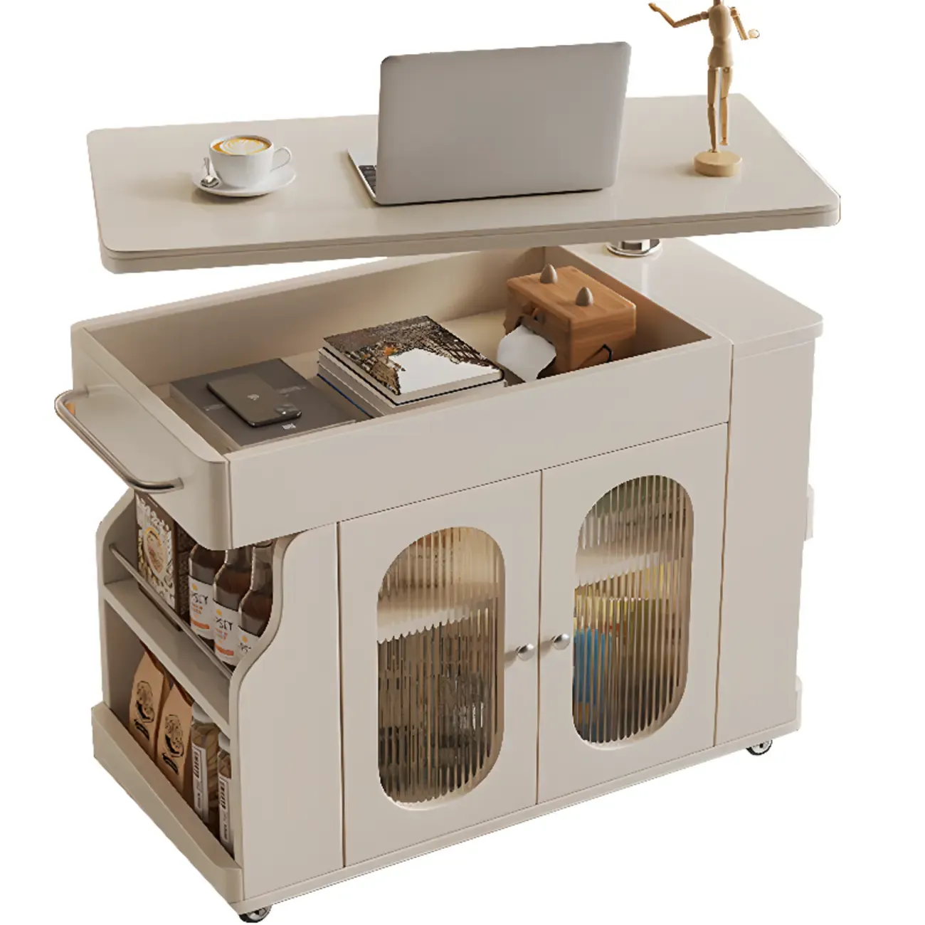 Multi-levelled Fold Away Chairside Table with Roller Wheels