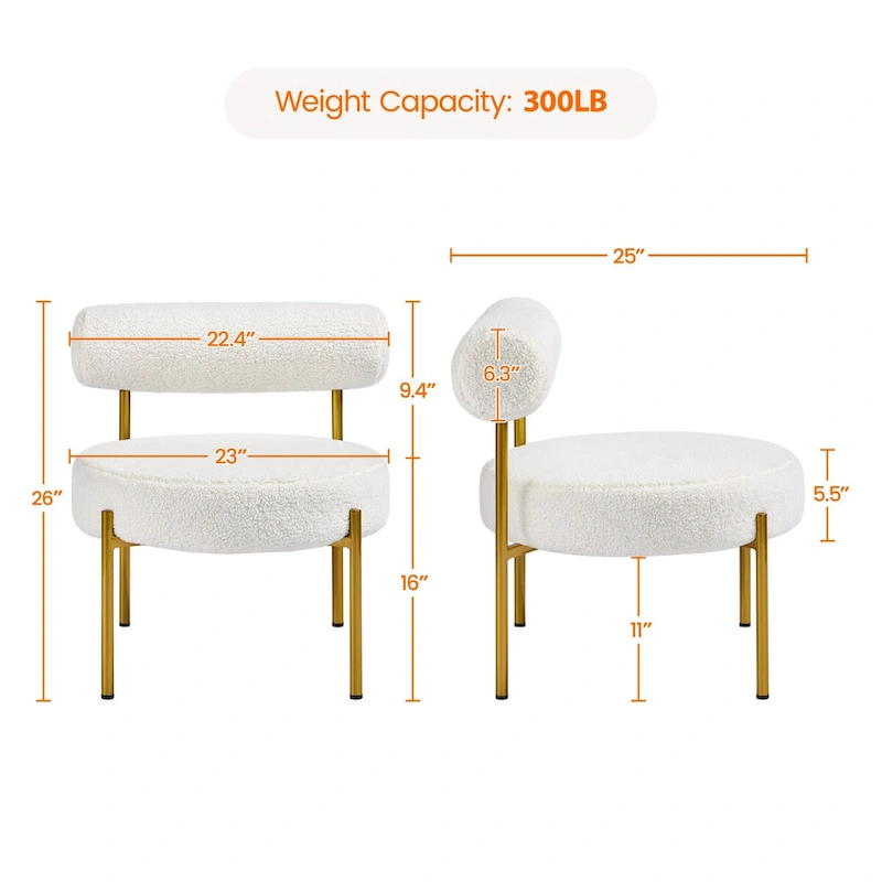 Yaheetech Boucle Gold Metal Legs Accent Chair With Round Padded Seat, White - 252326