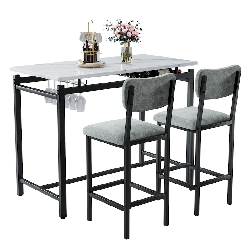 White Marble-Top Bar Table Set with 2 Stools, 2-Person