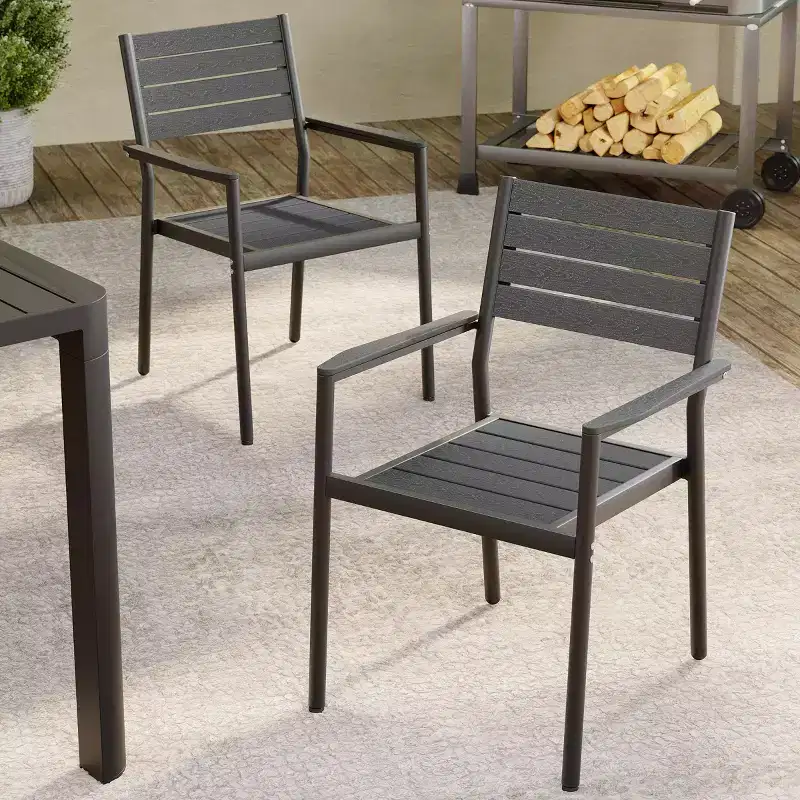 Crestlive Products Set of 2 Outdoor Stackable Armchair Dining Chair Aluminum Frame&Wood-Grain