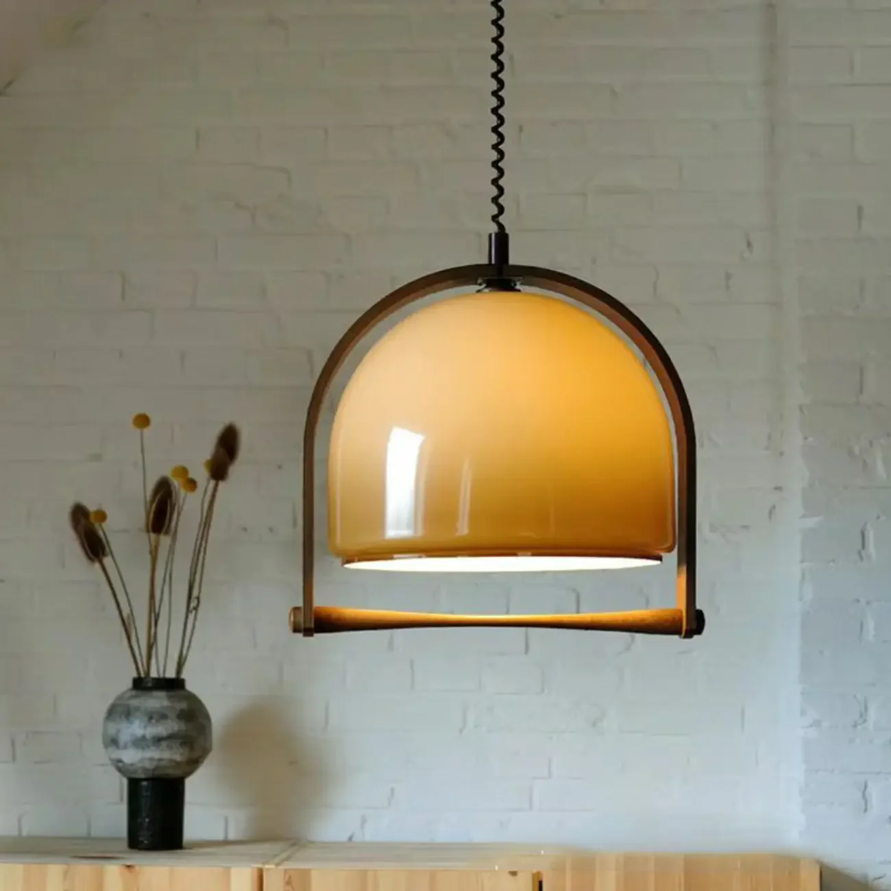 Coffee Glass Wood Dome Adjustable Pendant Light