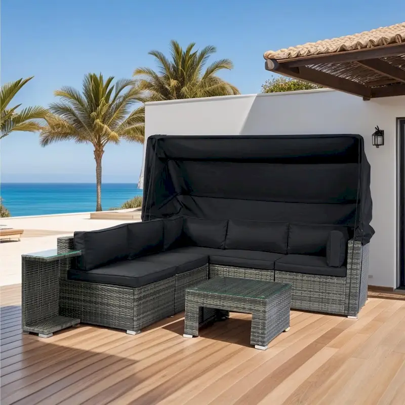 7-Piece Patio Furniture w/Retractable Canopy Wicker Rattan Sectional Sofa