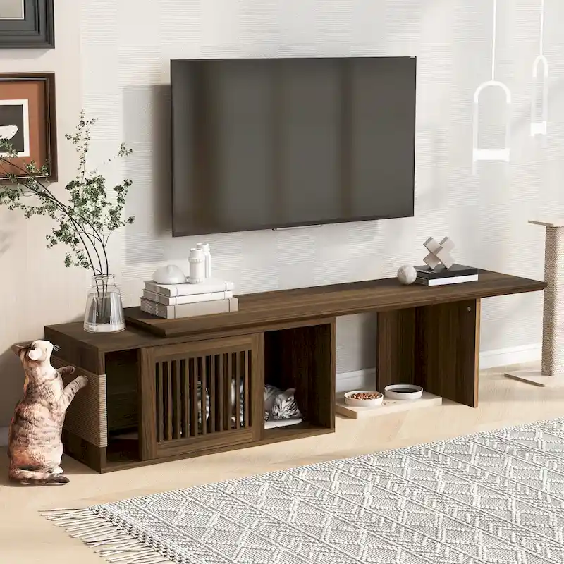 Expandable TV Stand, Fits TVs up to 85 in, Sliding Louvered Door, Cat Cushion & Sisal Scratcher, MDF, Storage Cabinets with Shelves, Brown, 1-Person Use