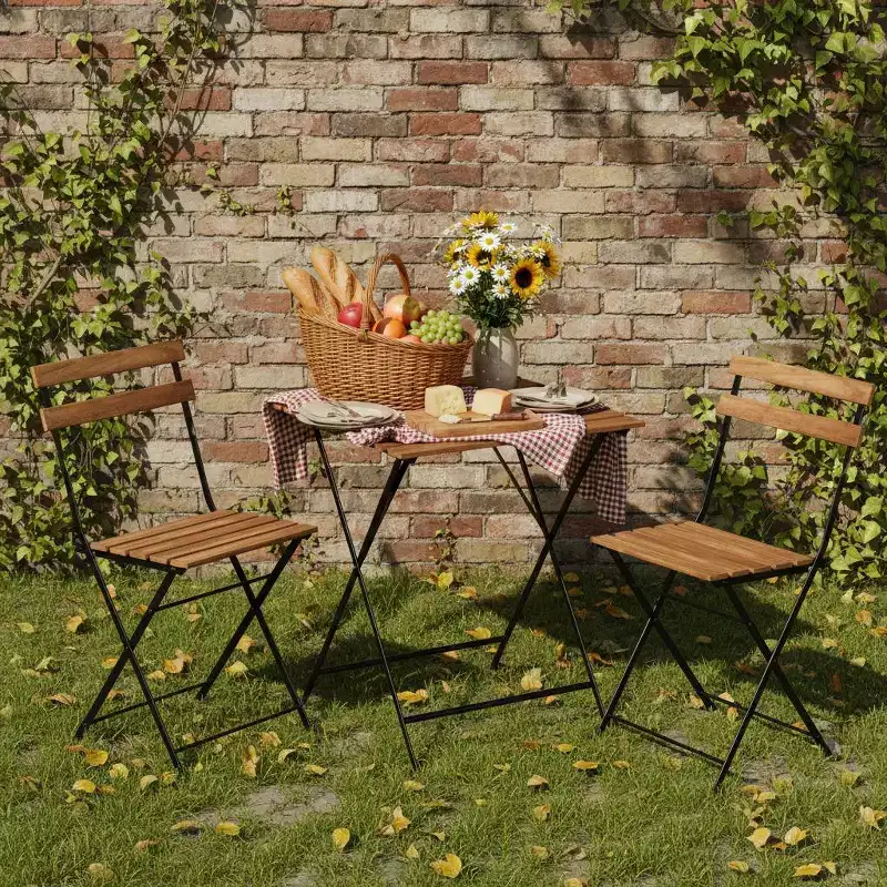 Gymax 3-Piece Acacia Wood Patio Bistro Set with Round Table & 2 Foldable Chairs Black + Brown/White + Gray