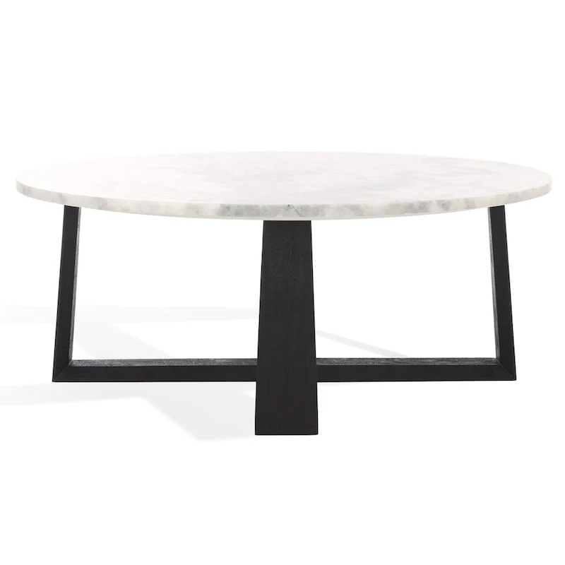 Round Marble Top Coffee Table with Acacia Wood Legs – White/Natural / White/Black