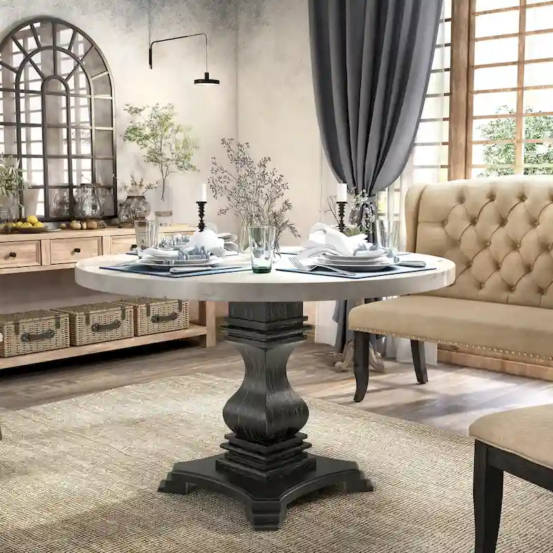 Antique Black & White Pedestal Dining Table, Round Marble Top, Seats 4