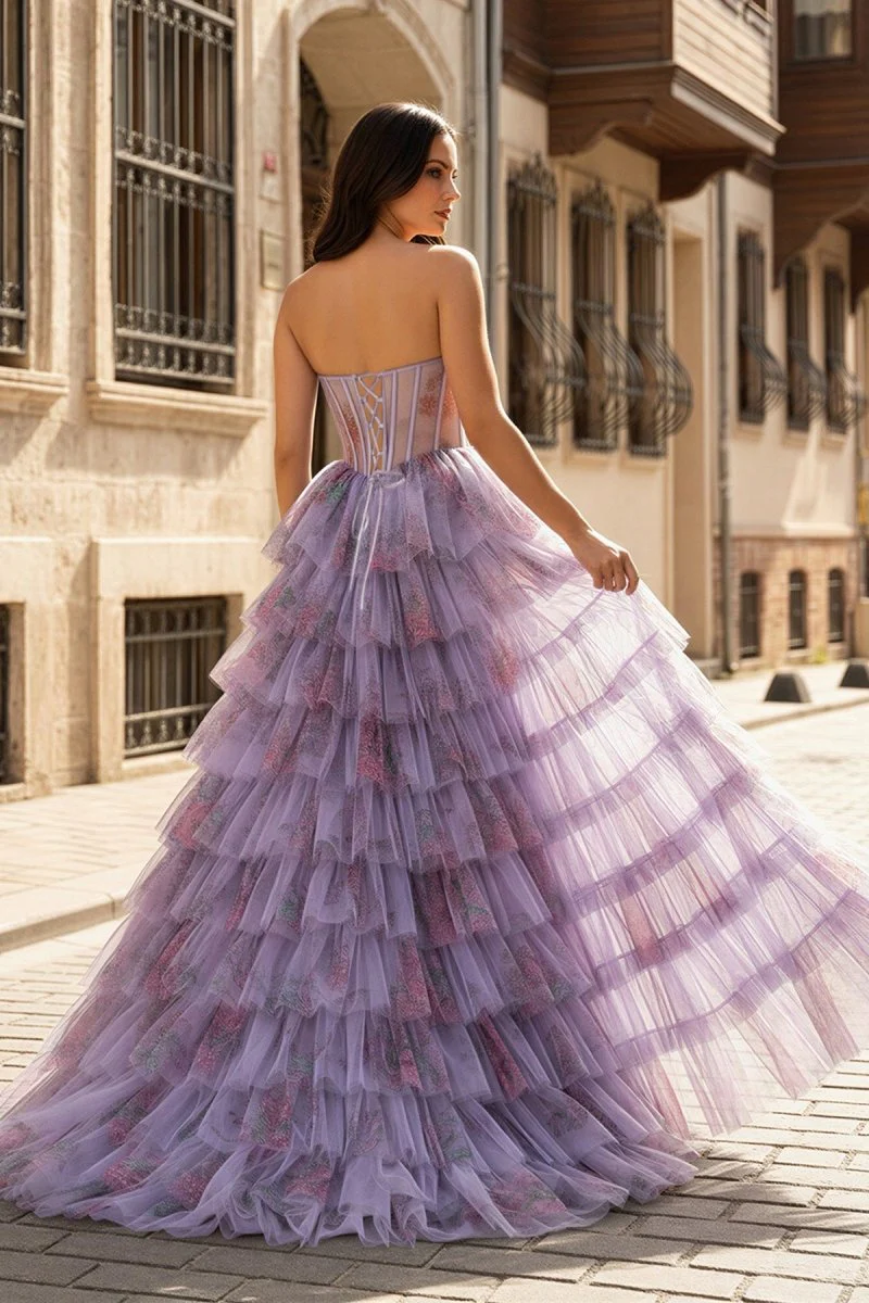Purple Strapless A Line Tulle Printed Ruffle Tiered Prom Dresses With Slit