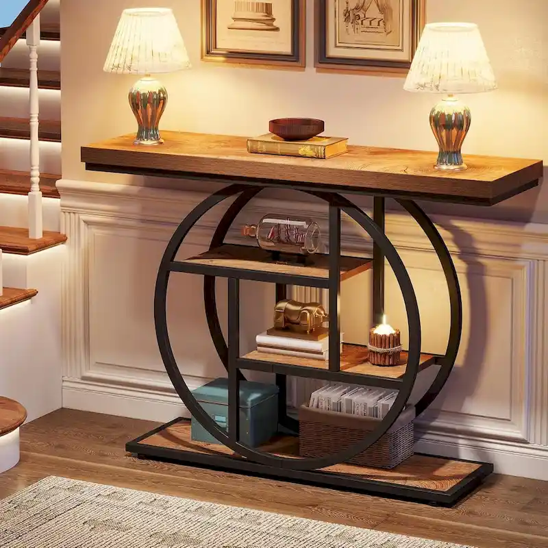 Industrial 4-Tier Sofa Table Entryway Table with Circle Base